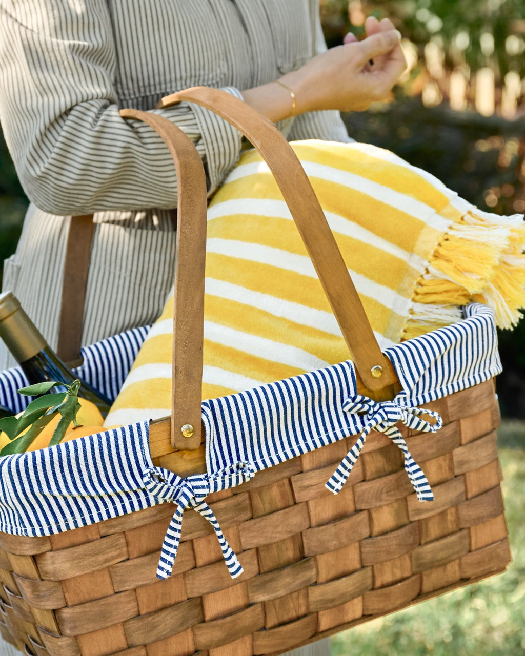 Handwoven Picnic Basket with Striped Liner