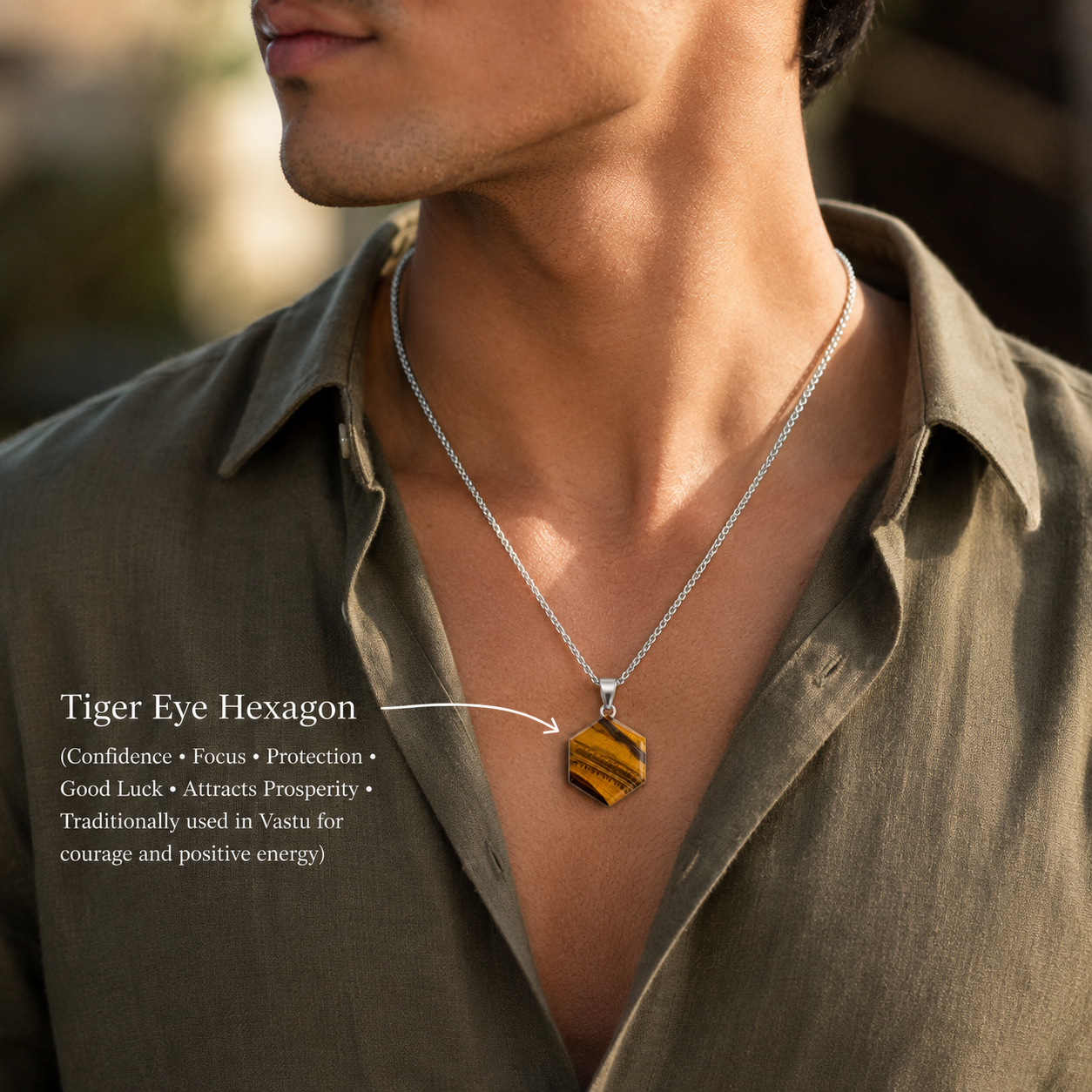 Tiger Eye Hexagon Pendant | Natural Tiger Eye Crystal Necklace | Protection, Confidence & Prosperity Stone