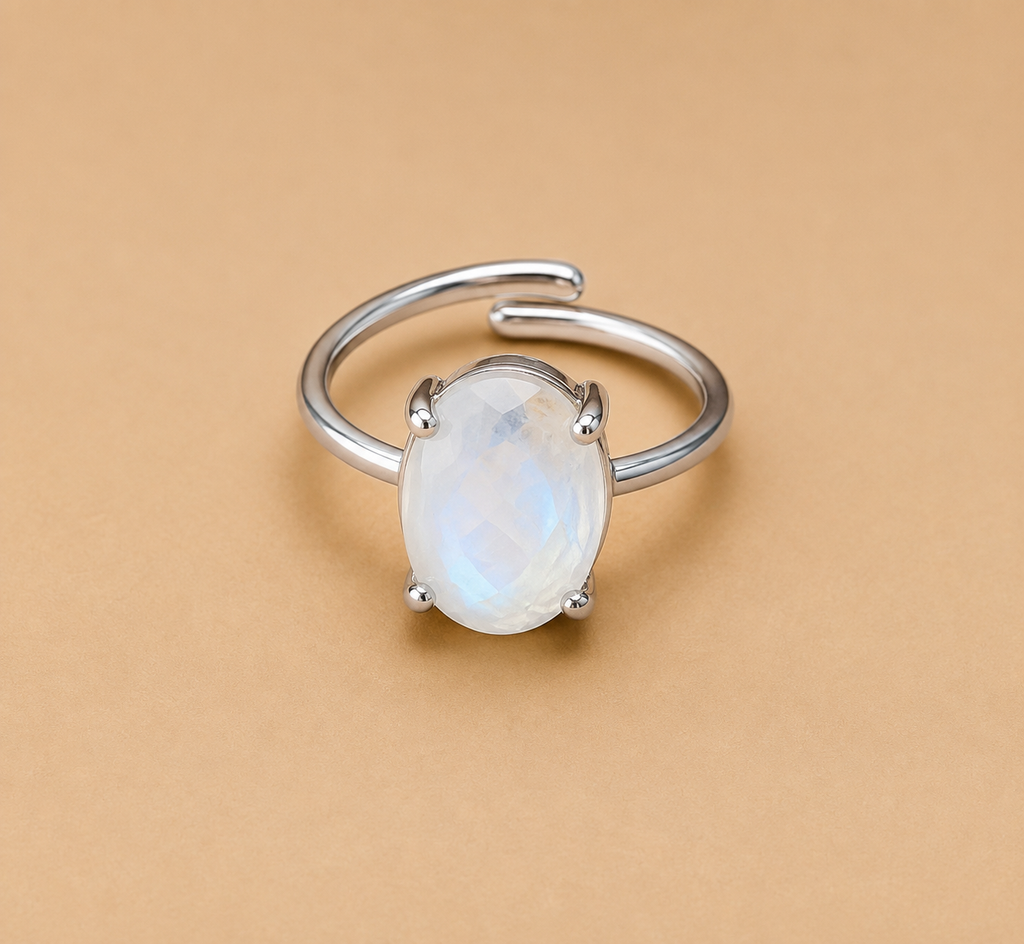 Natural Moonstone Diamond Cut Adjustable Ring