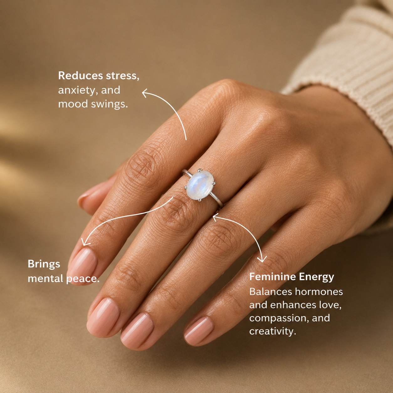 Natural Moonstone Diamond Cut Adjustable Ring