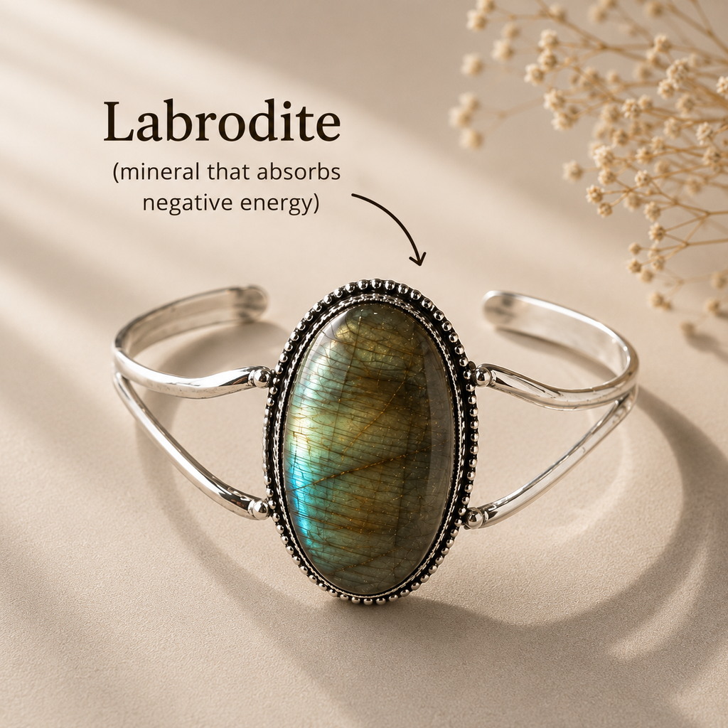 Labrodite Energy Bangle | Natural Labradorite Crystal Bracelet | Adjustable Silver Cuff | Protection & Positive Energy Jewelry