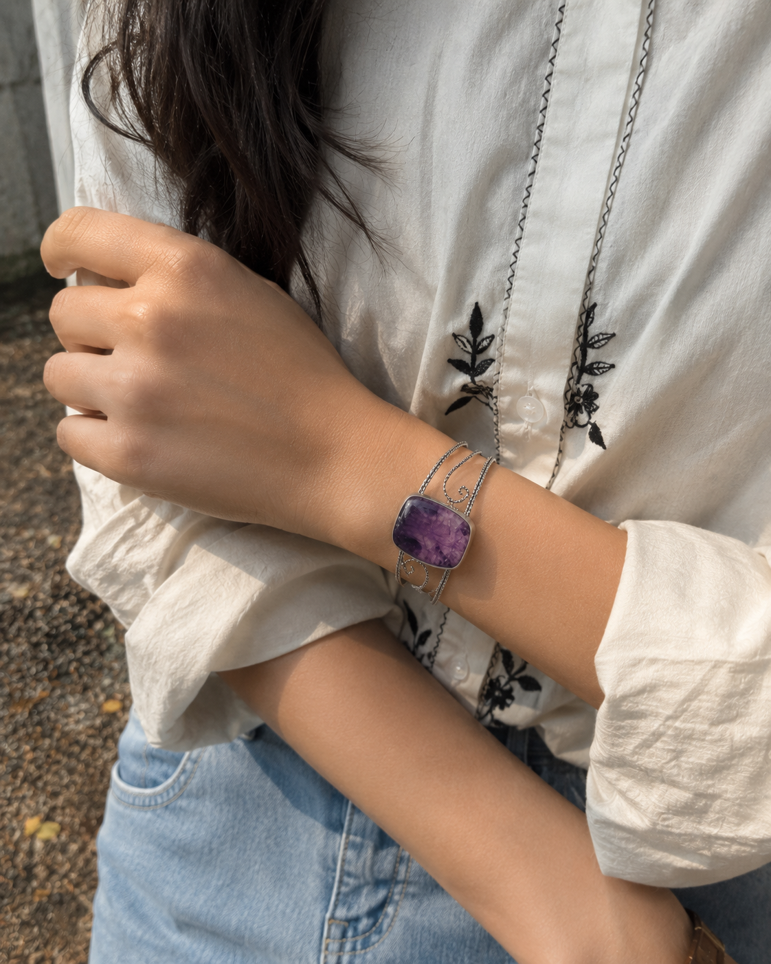 Amethyst Energy Cuff Bangle | Natural Crystal Bracelet | Adjustable Silver Open Cuff | Spiritual Healing Jewelry