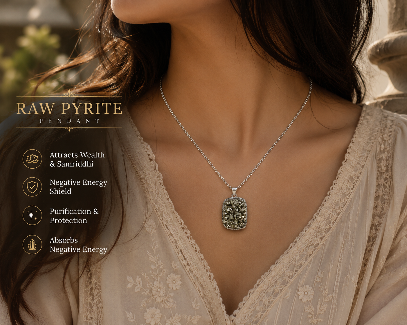 Raw Pyrite Pendant | Natural Pyrite Crystal Necklace | Wealth & Protection Stone | Silver Pendant for Men & Women