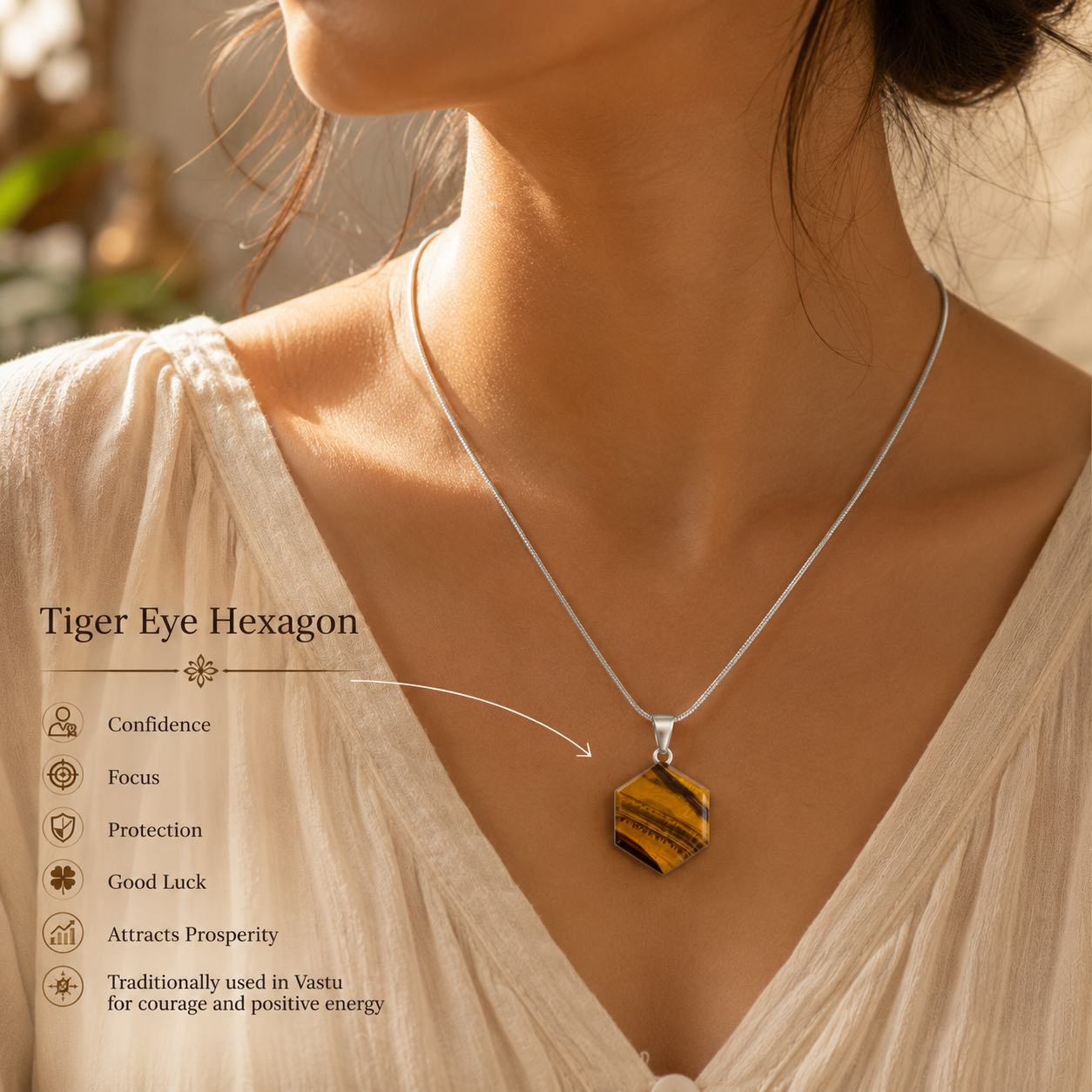 Tiger Eye Hexagon Pendant | Natural Tiger Eye Crystal Necklace | Protection, Confidence & Prosperity Stone