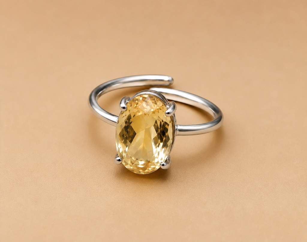 Natural Citrine Diamond Cut Adjustable Ring