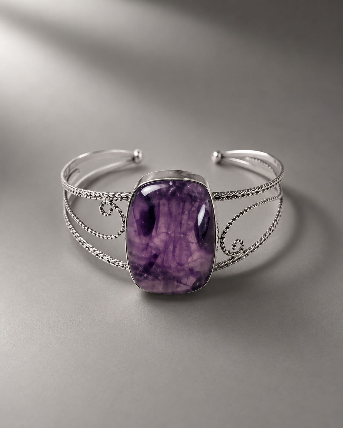 Amethyst Energy Cuff Bangle | Natural Crystal Bracelet | Adjustable Silver Open Cuff | Spiritual Healing Jewelry