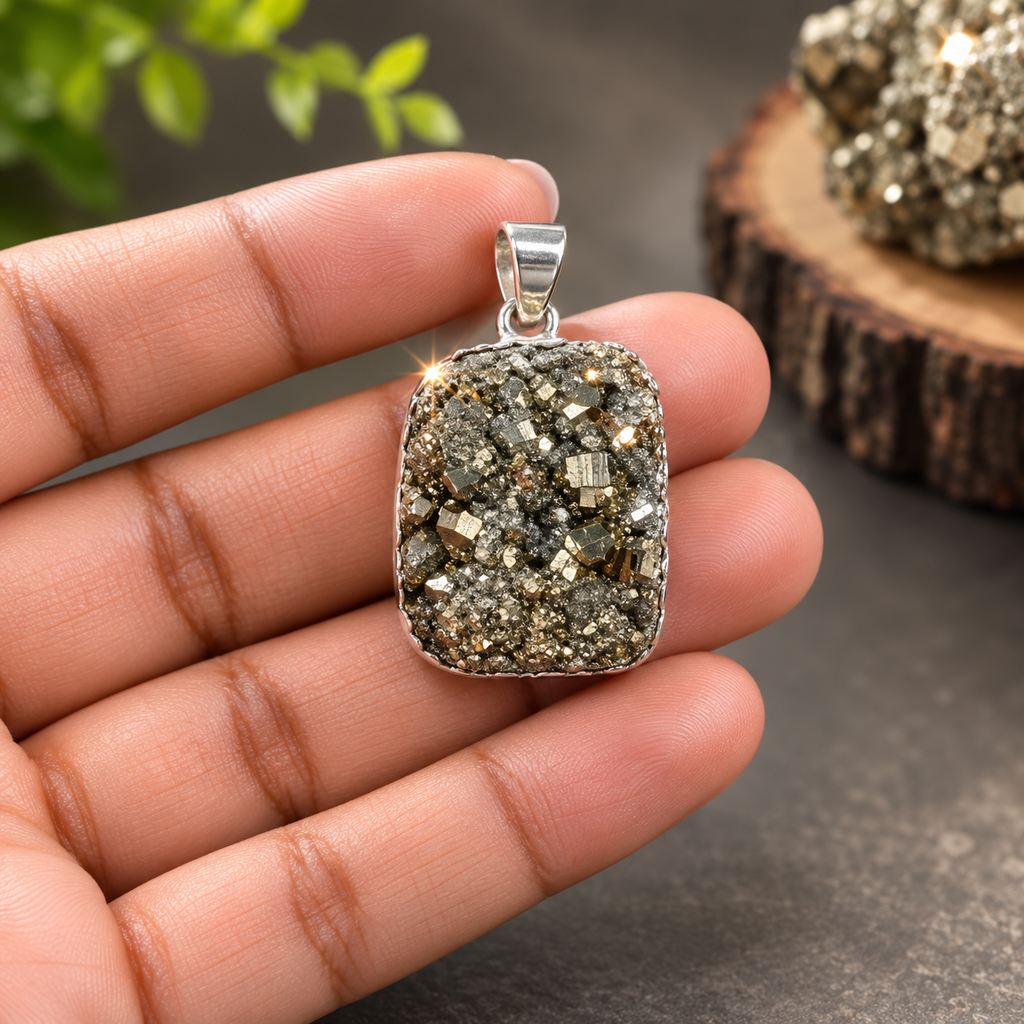 Raw Pyrite Pendant | Natural Pyrite Crystal Necklace | Wealth & Protection Stone | Silver Pendant for Men & Women