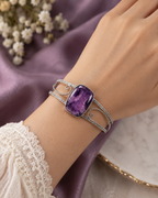 Amethyst Energy Cuff Bangle | Natural Crystal Bracelet | Adjustable Silver Open Cuff | Spiritual Healing Jewelry