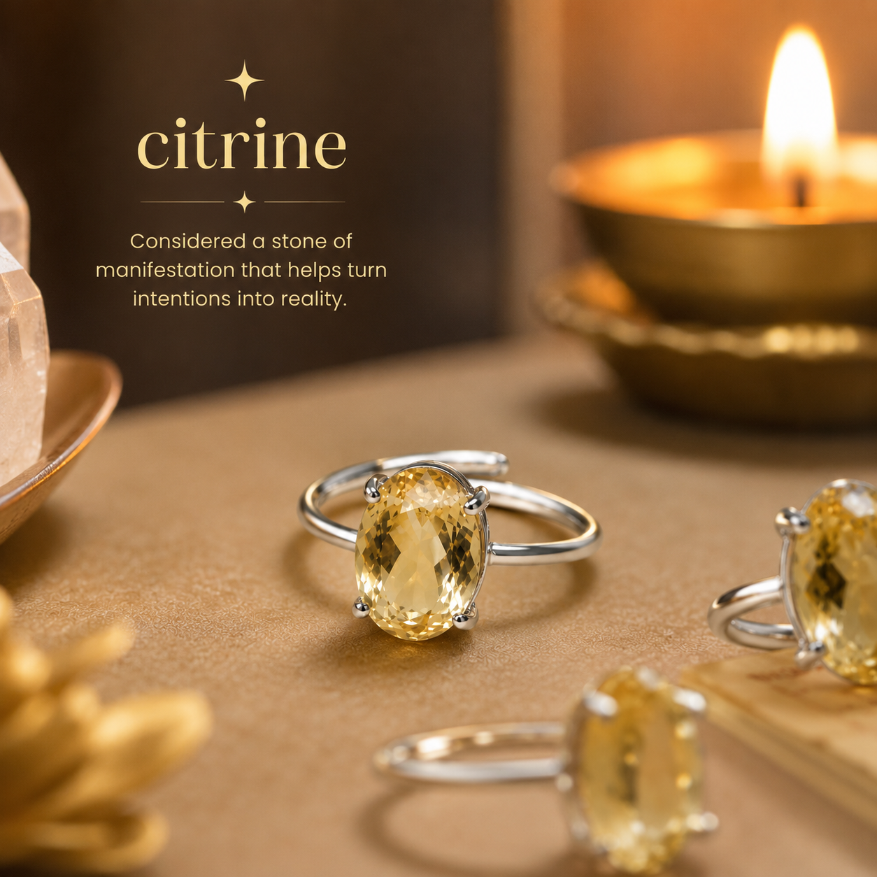 Natural Citrine Diamond Cut Adjustable Ring