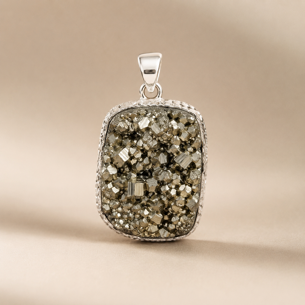 Raw Pyrite Pendant | Natural Pyrite Crystal Necklace | Wealth & Protection Stone | Silver Pendant for Men & Women