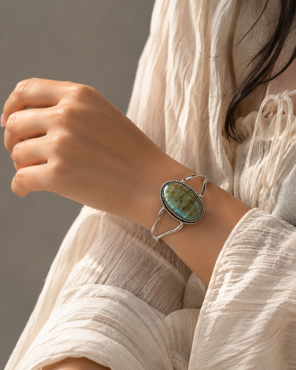 Labrodite Energy Bangle | Natural Labradorite Crystal Bracelet | Adjustable Silver Cuff | Protection & Positive Energy Jewelry