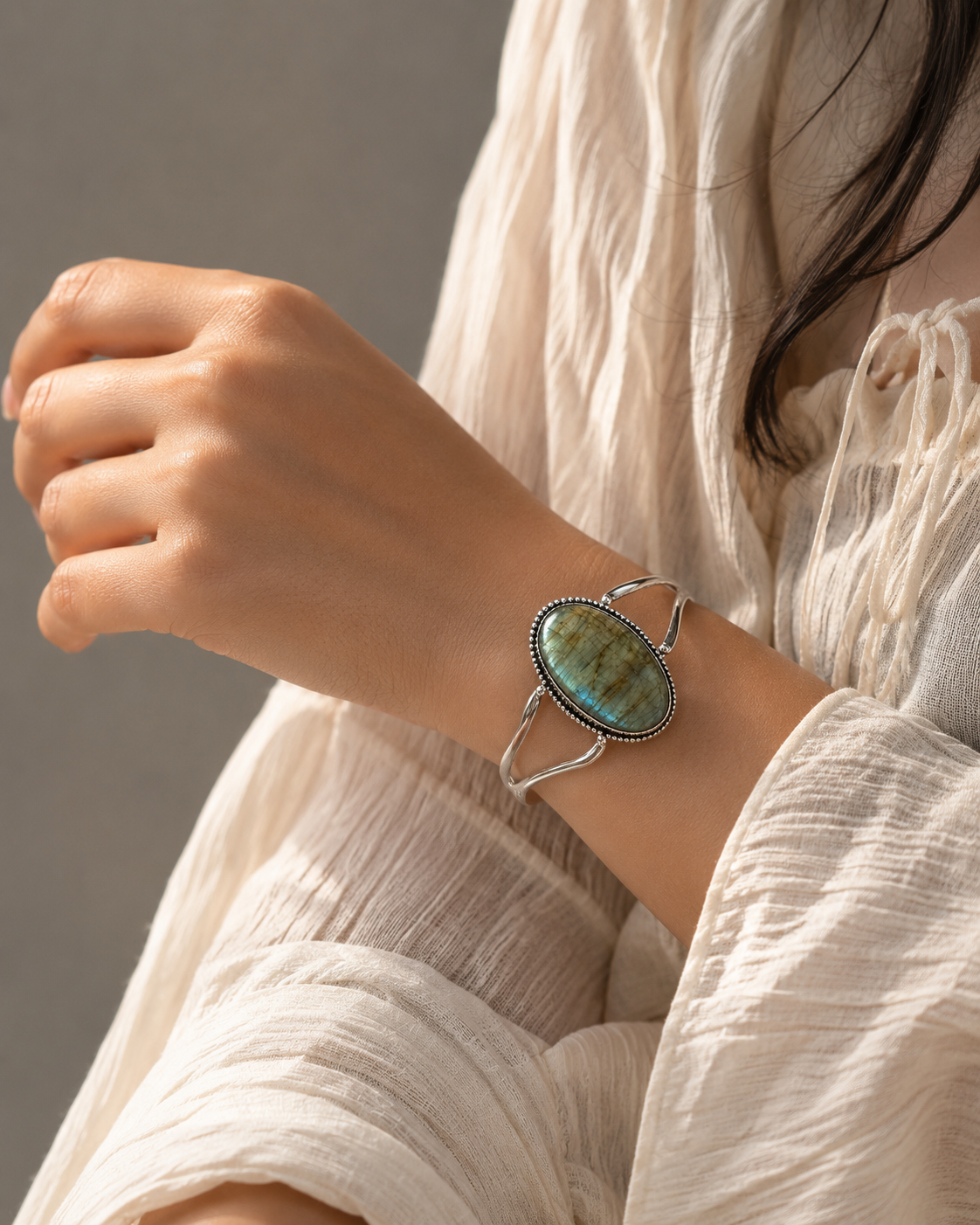Labrodite Energy Bangle | Natural Labradorite Crystal Bracelet | Adjustable Silver Cuff | Protection & Positive Energy Jewelry